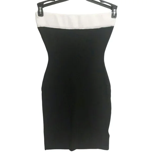 NWT Commense Black & White Knit Strapless Bodycon Mini Dress Size XS~Stretch - Picture 1 of 5